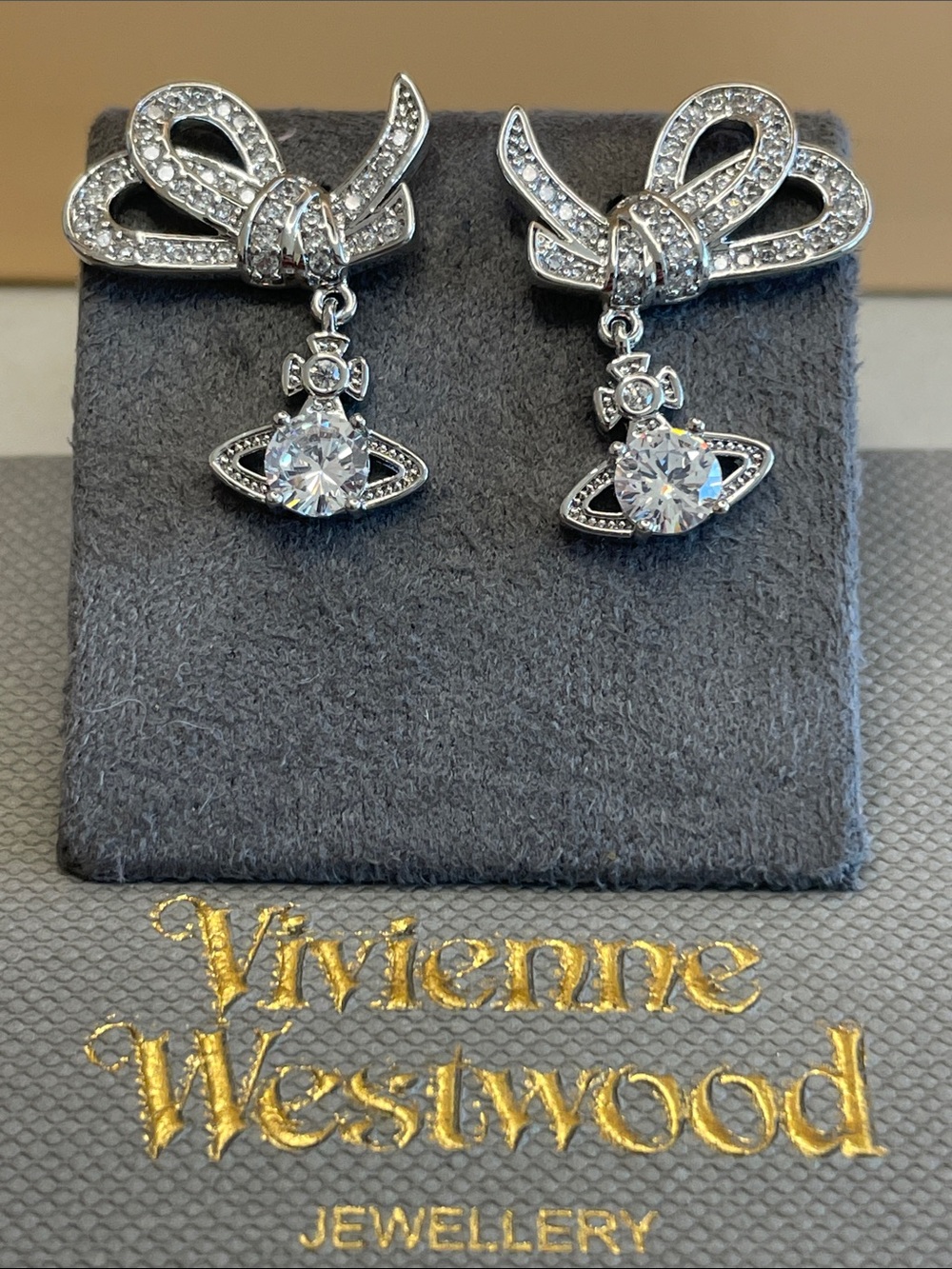Vivienne Westwood Silver Crystal Bow Drop Orb Earrings